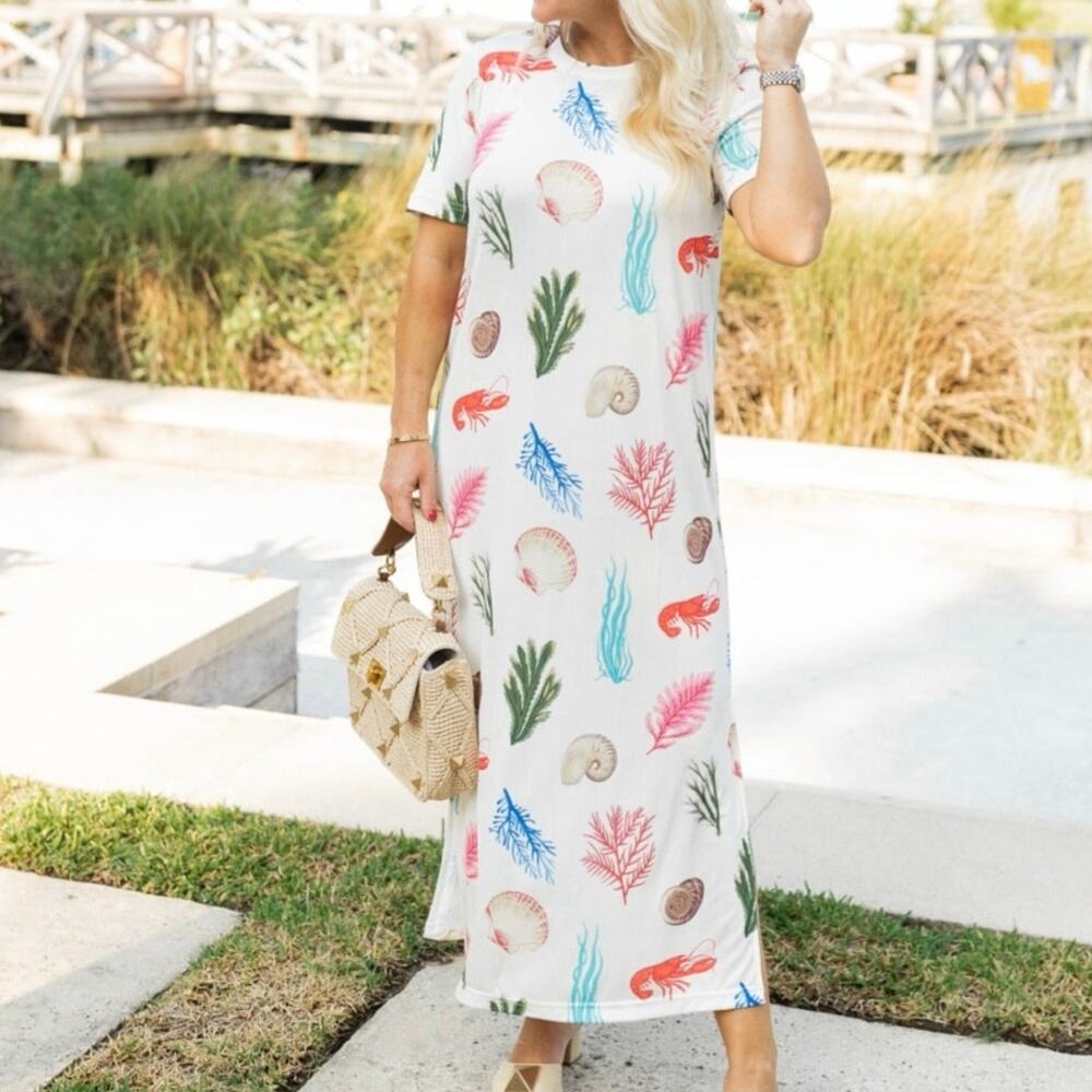 Tuckernuck Seashell Beach Coral Lobster Print White Colorful EUC Midi Dress XS